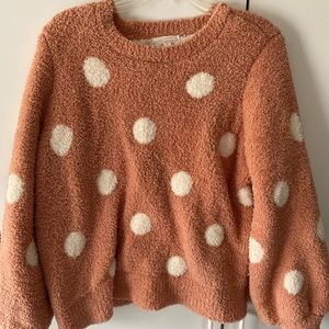 Pink and white polka dot fuzzy sweater